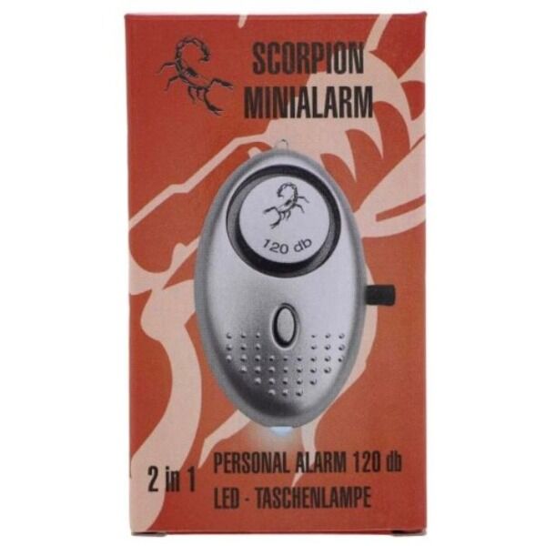 Verpackung Scorpion Minialarm 2 in 1 Personalalarm 120 dB mit LED-Taschenlampe