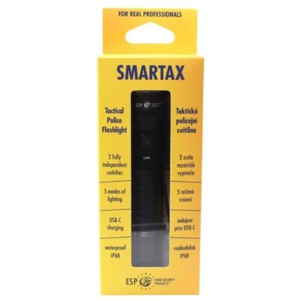 SMARTAX taktische Taschenlampe Verpackung mit Produktmerkmalen IP68 USB-C