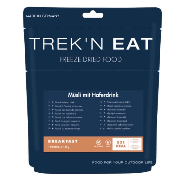 TREK'N EAT Müsli mit Haferdrink – veganes Outdoor-Frühstück mit Haferflocken und Cerealien in praktischer Trekking-Packung