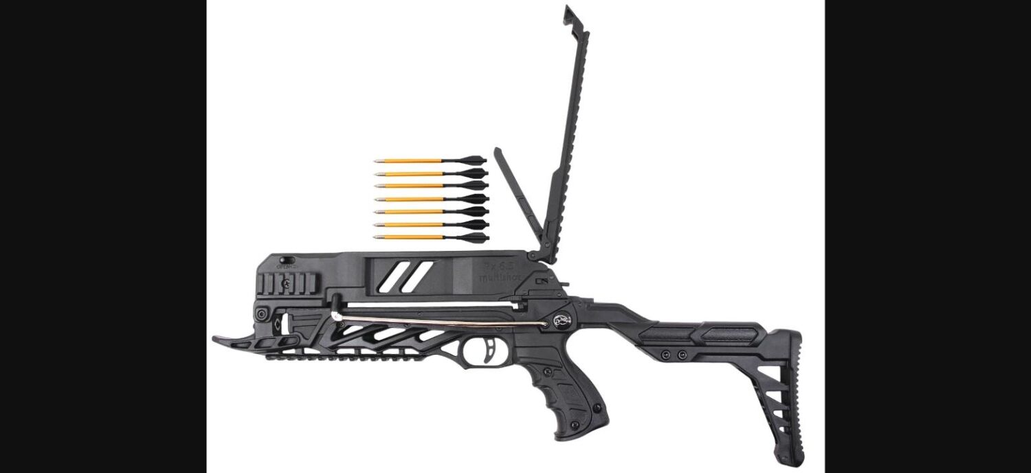 SOBEK Repetierarmbrust 80 lbs mit 7 Aluminiumbolzen und Knickspanner