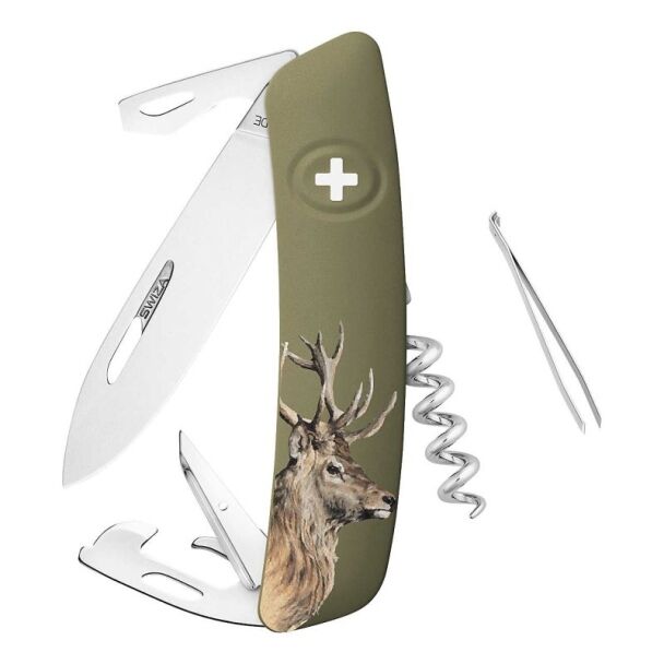 Swiza D05 Hirsch olivgrün – Jagd-Taschenmesser mit Hirsch-Motiv