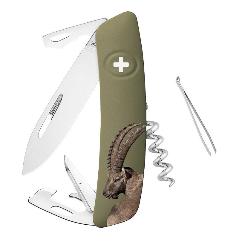 Swiza D05 Steinbock olivgrün – Jagd-Taschenmesser mit Steinbock-Motiv